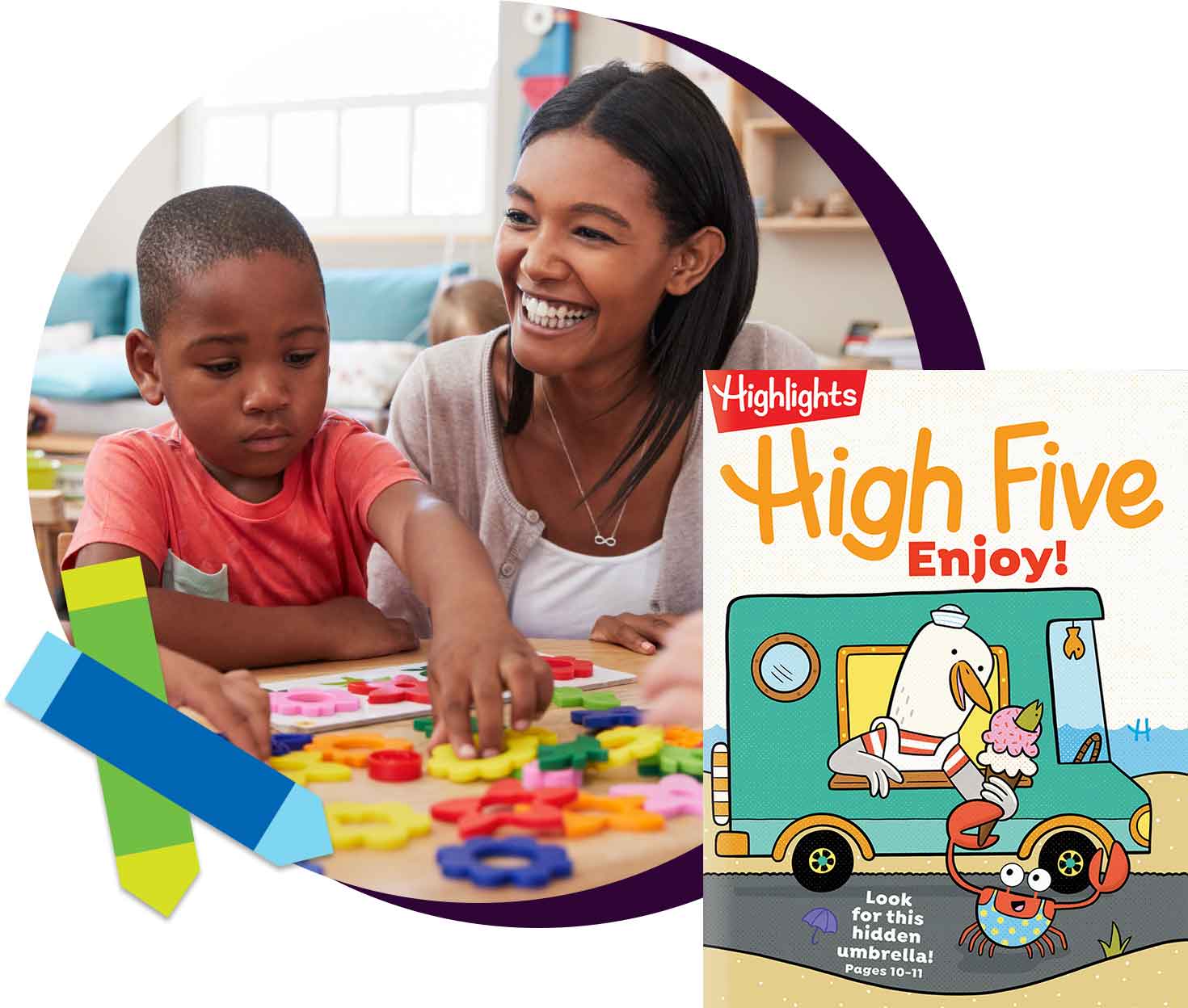 Teacher and young student are happily doing a colorful puzzle together. A High Five magazine with a vibrant and playful cover is next to them.
